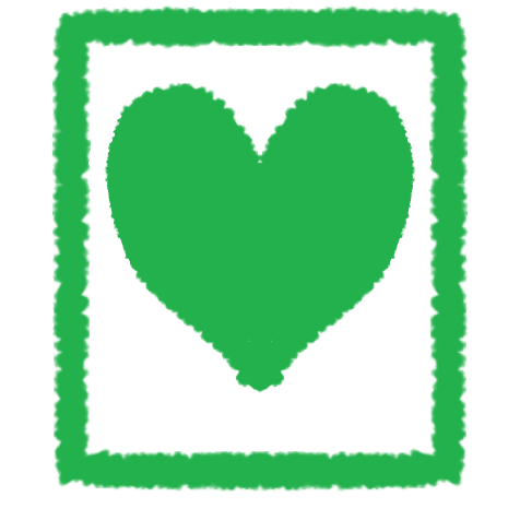 a green heart on a white card with a green border